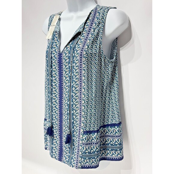 NWT Tommy Bahama Oversize Rayon Blue Green Geometric Tassel Blouse Women Size XS - Picture 5 of 13